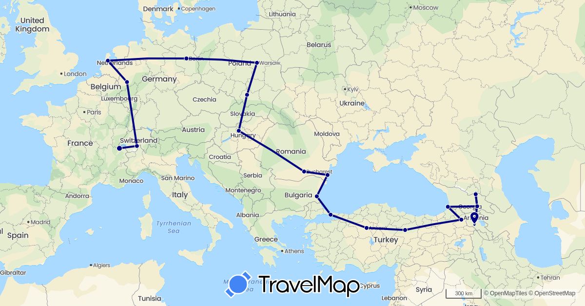 TravelMap itinerary: driving in Armenia, Bulgaria, Switzerland, Germany, Georgia, Hungary, Netherlands, Poland, Romania, Turkey (Asia, Europe)